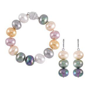 Bracelet/Earring Set, Multi Color Shell Pearl, Austrian Crystal Bracelet (8.0In)